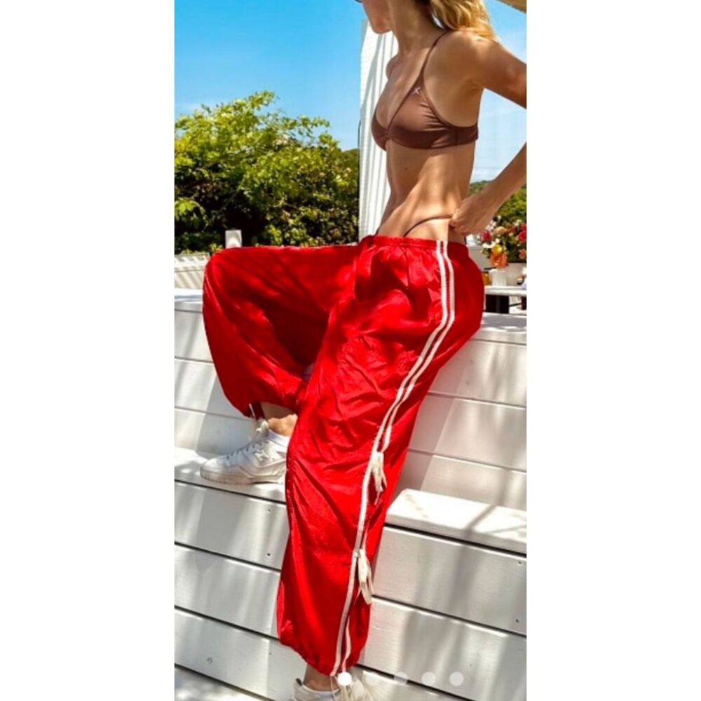 Anthropologie Daily Practice Bowline Parachute Pants Red White Bow Print Size XL